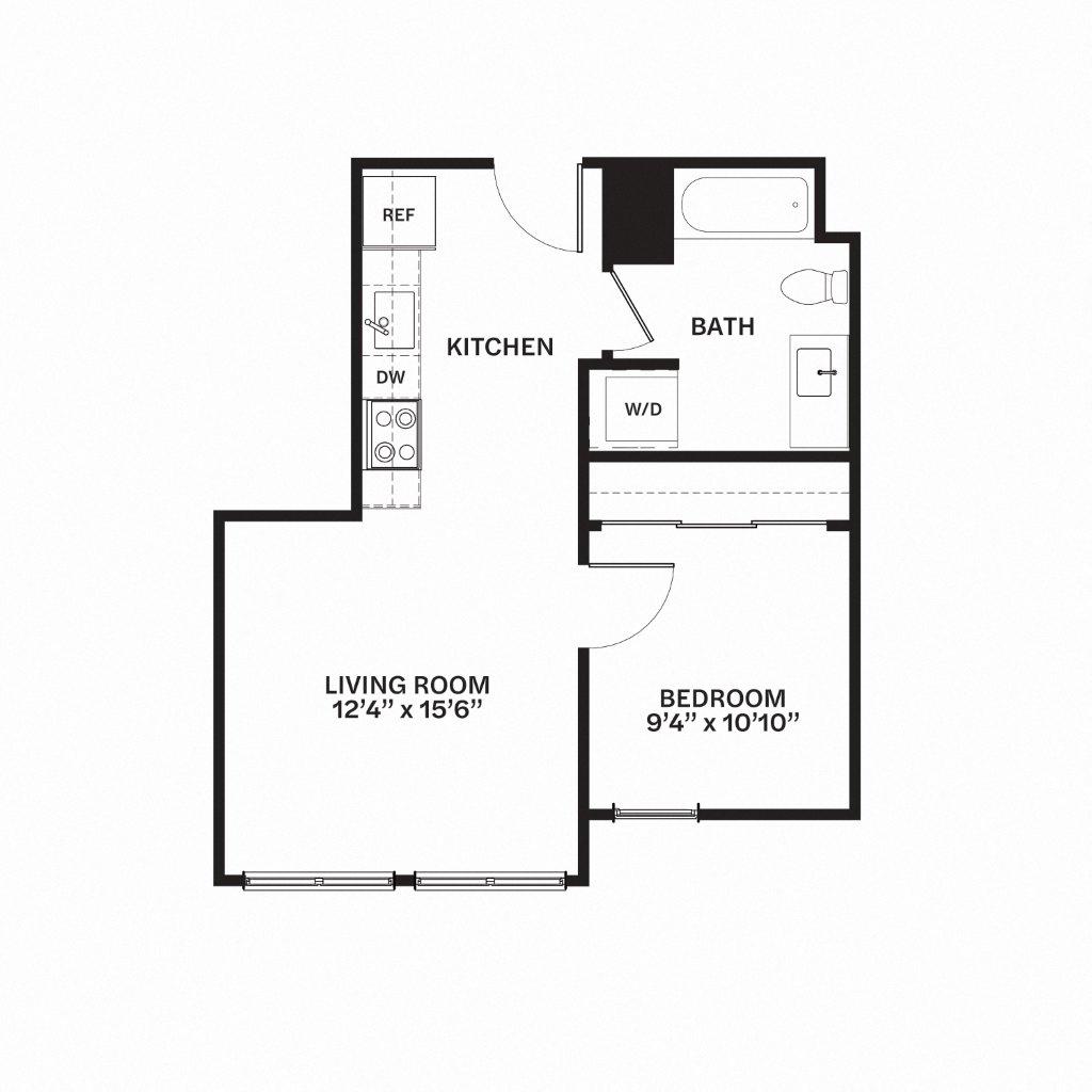 Floor plan for 1 bed, 1 bath, 572 sqft